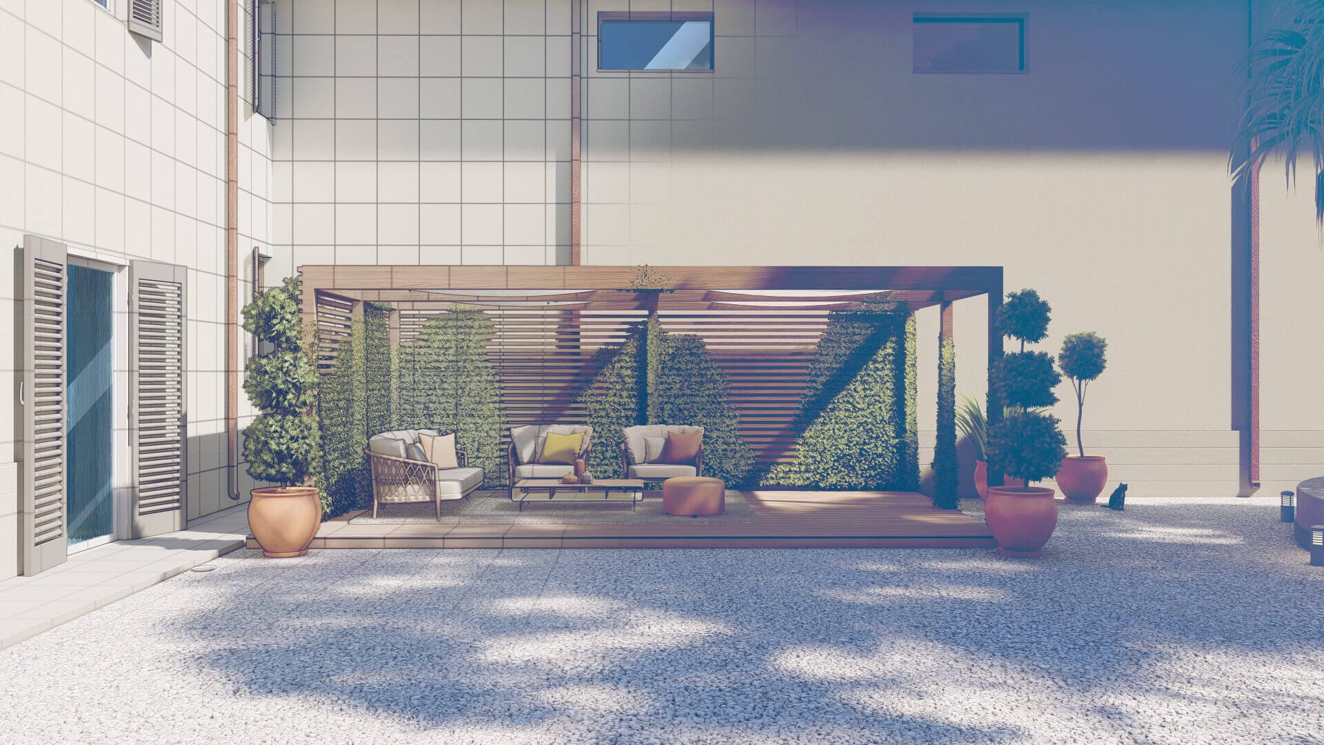 Rendering 3D esterni di giardini, terrazzi e masterplan aerei — ADDING Studios da 0,30€/mq — vista 3