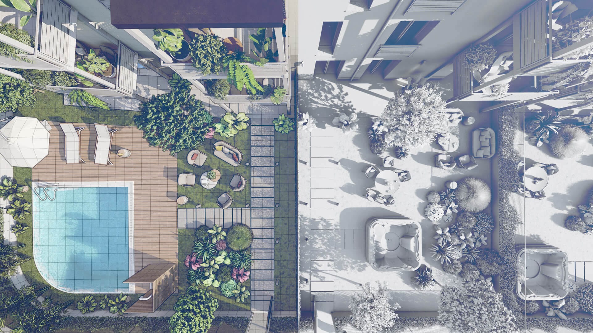Planimetria 3D arredata vista aerea di progetti immobiliari — ADDING Studios — vista 2