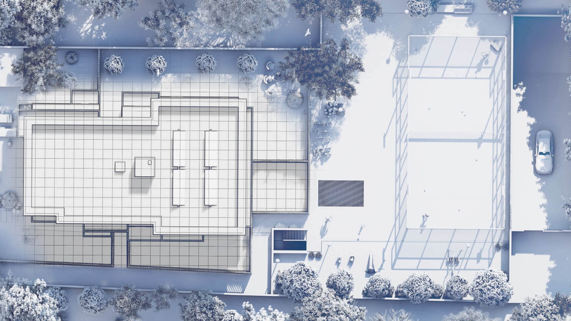 Planimetria 3D arredata vista aerea di progetti immobiliari — ADDING Studios — vista 3