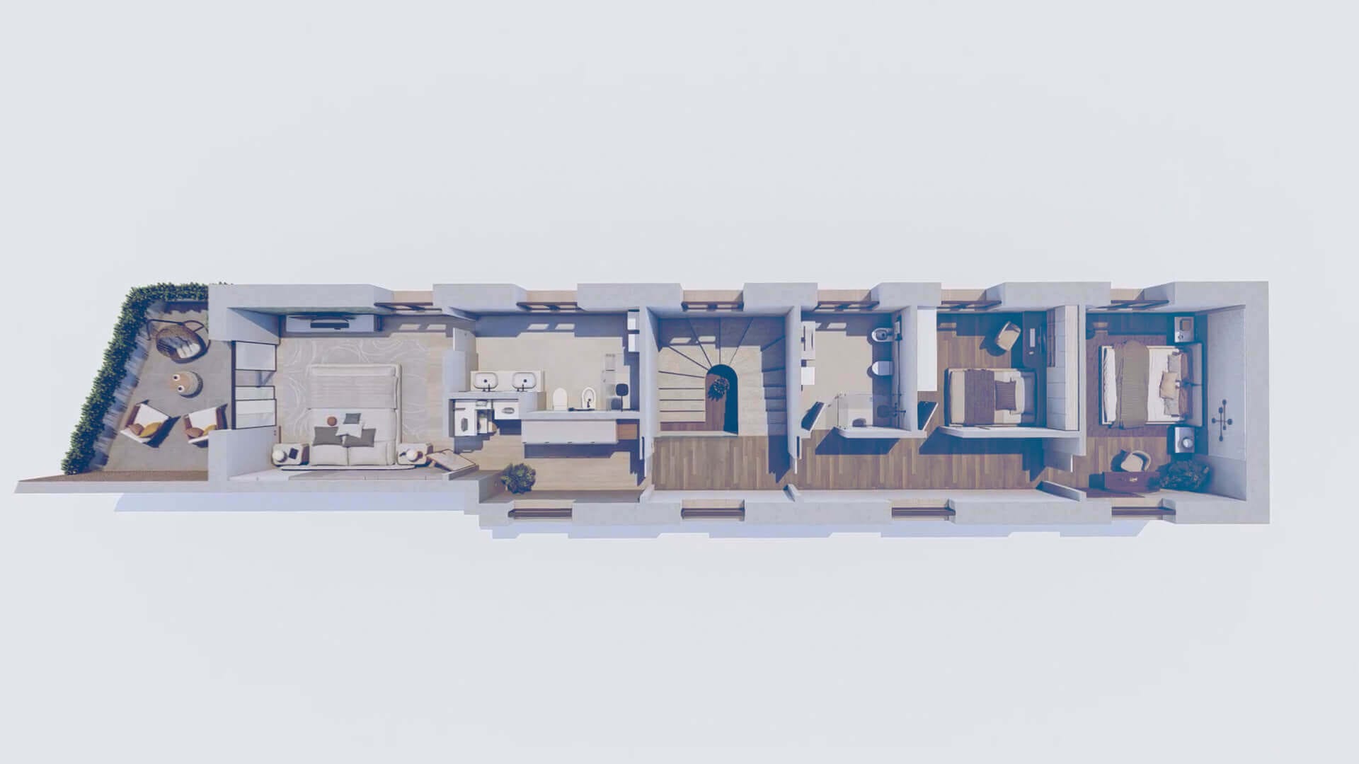 Planimetria 3D arredata vista aerea di progetti immobiliari — ADDING Studios — vista 4
