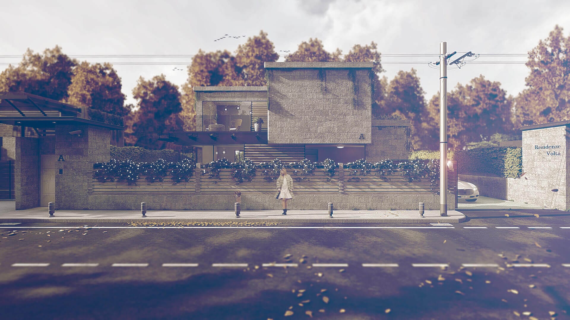 Frame di video rendering 3D cinematografici: esterni residenziali, masterplan aerei, piscine al tramonto e interni panoramici — ADDING Studios da 2€/mq — vista 1