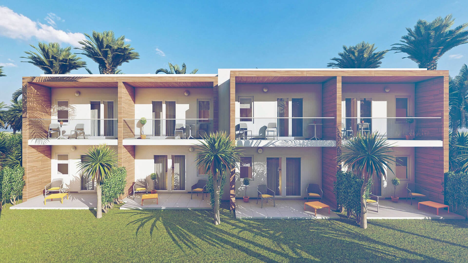 Frame di video rendering 3D cinematografici: esterni residenziali, masterplan aerei, piscine al tramonto e interni panoramici — ADDING Studios da 2€/mq — vista 2