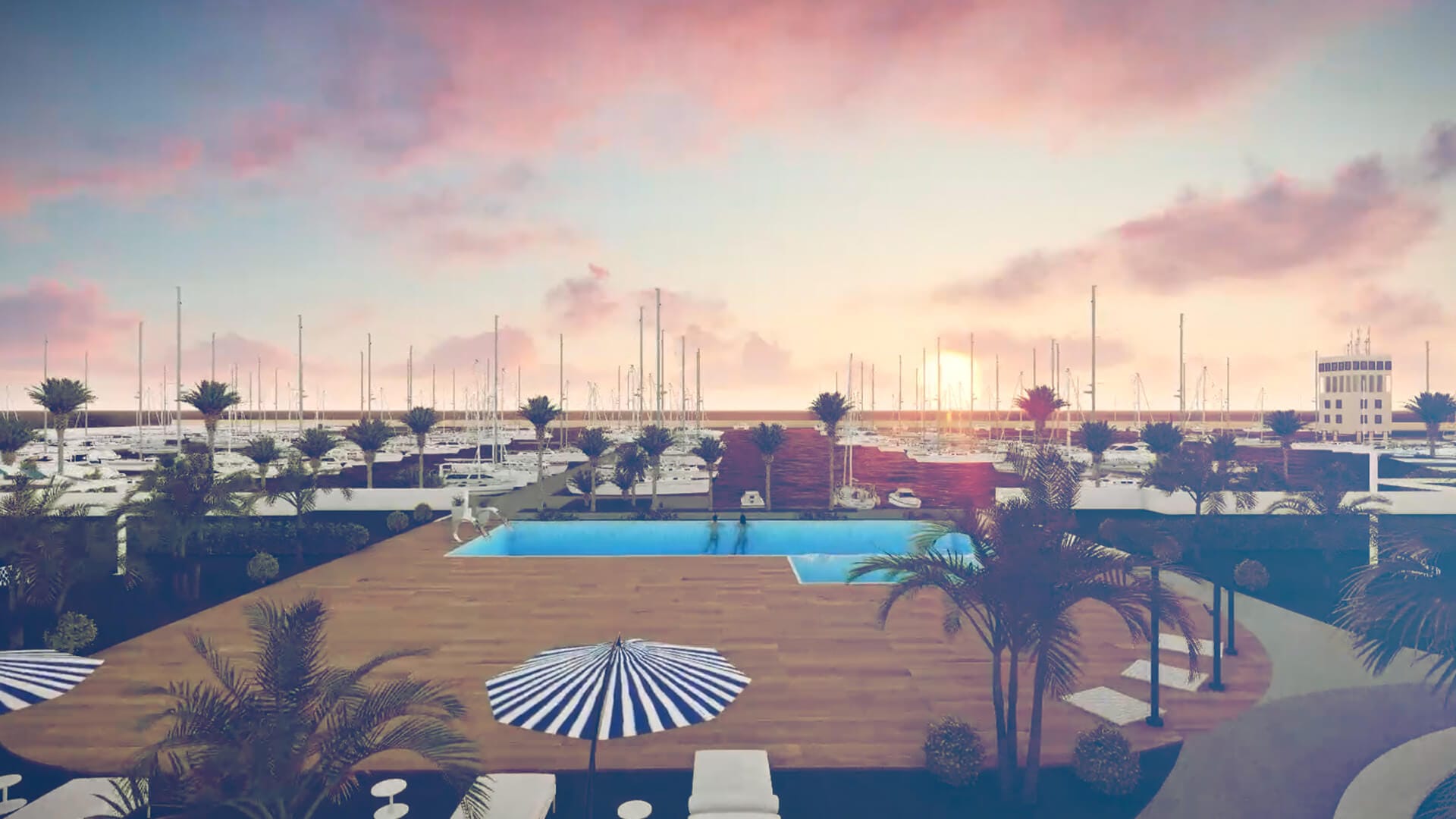 Frame di video rendering 3D cinematografici: esterni residenziali, masterplan aerei, piscine al tramonto e interni panoramici — ADDING Studios da 2€/mq — vista 3