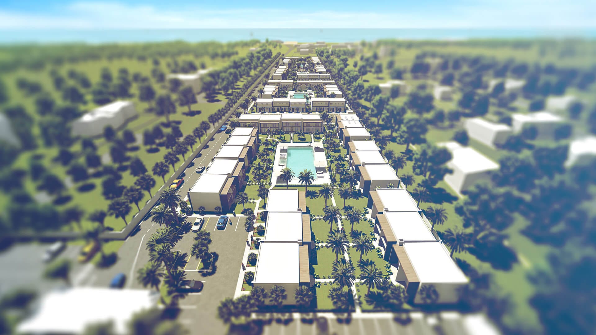 Frame di video rendering 3D cinematografici: esterni residenziali, masterplan aerei, piscine al tramonto e interni panoramici — ADDING Studios da 2€/mq — vista 4