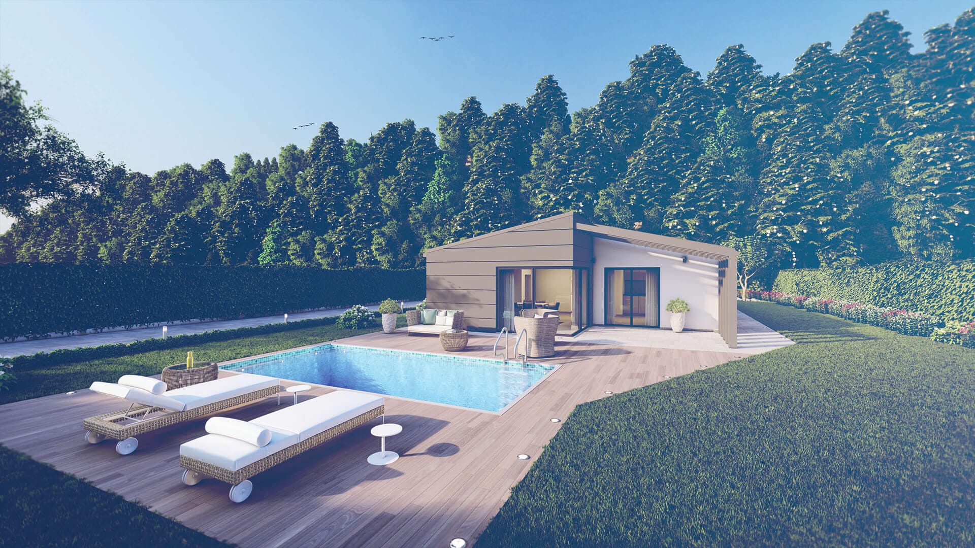 Frame di video rendering 3D cinematografici: esterni residenziali, masterplan aerei, piscine al tramonto e interni panoramici — ADDING Studios da 2€/mq — vista 5