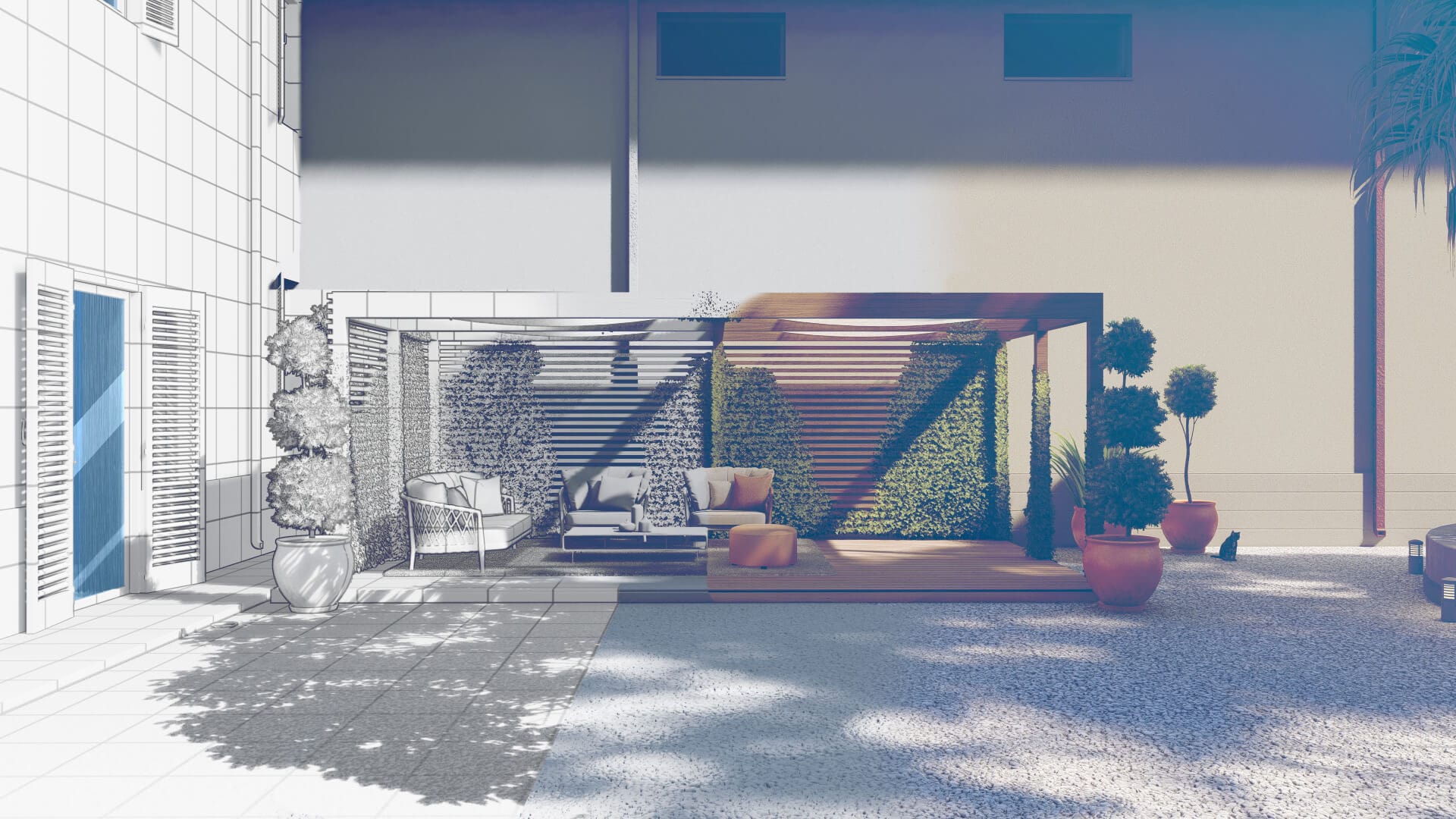 Frame di video rendering 3D cinematografici: esterni residenziali, masterplan aerei, piscine al tramonto e interni panoramici — ADDING Studios da 2€/mq — vista 7