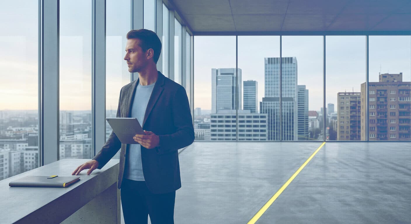 Agente immobiliare consulta su tablet le linee guida dell'AI Act sul virtual staging negli annunci — ADDING Studios