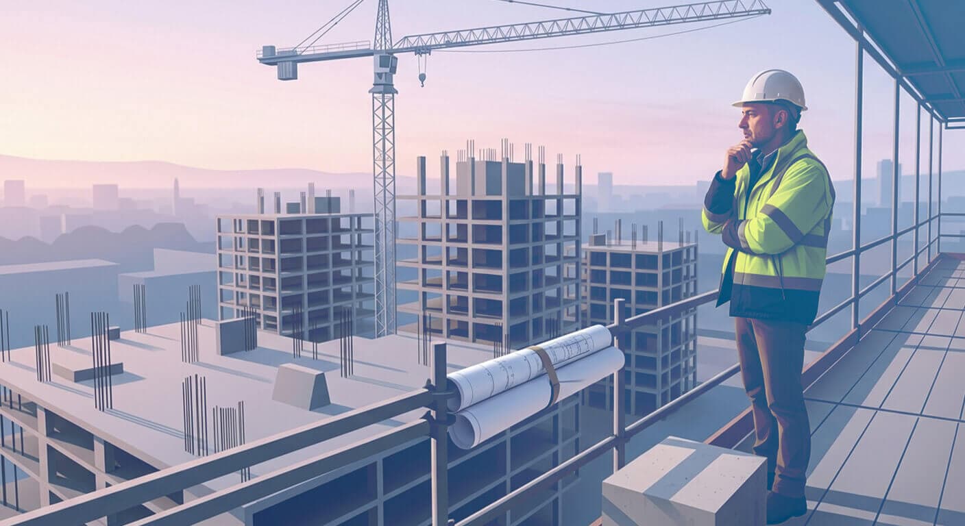 Costruttore con casco e giubbotto alta visibilità osserva un cantiere residenziale in fase strutturale con gru edile all'alba — ADDING Studios