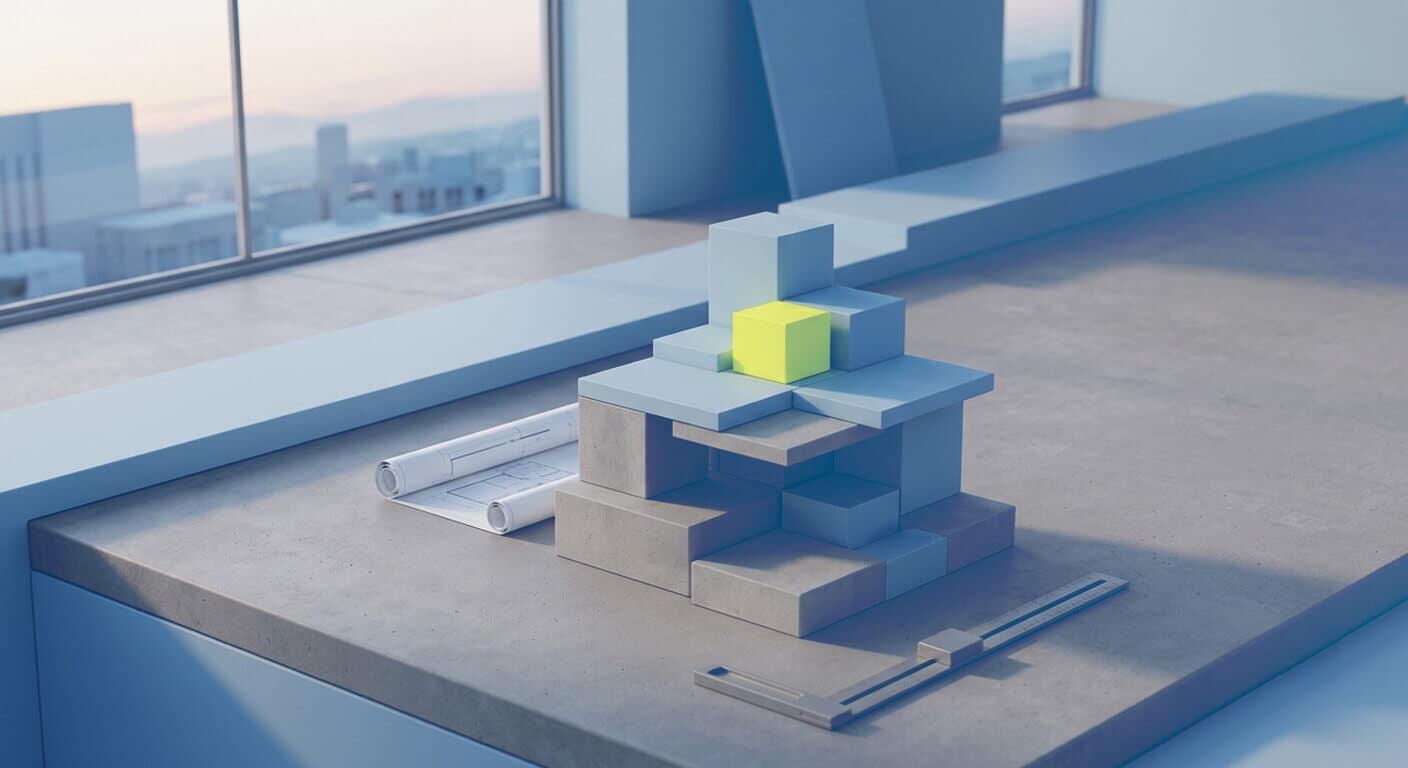Moodboard architettonico con cubi in cemento e accento giallo su piano di lavoro, vista città sfocata — studio di stili d'arredo per rendering immobiliare di pregio ADDING Studios