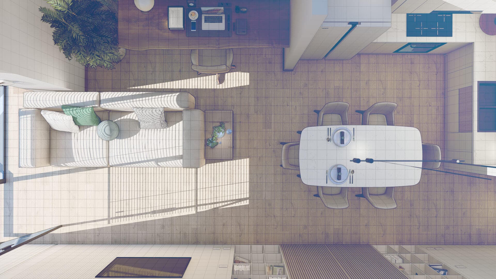 Planimetria 3D arredata: vista zenitale appartamento con soggiorno, cucina e zona pranzo — ADDING Studios