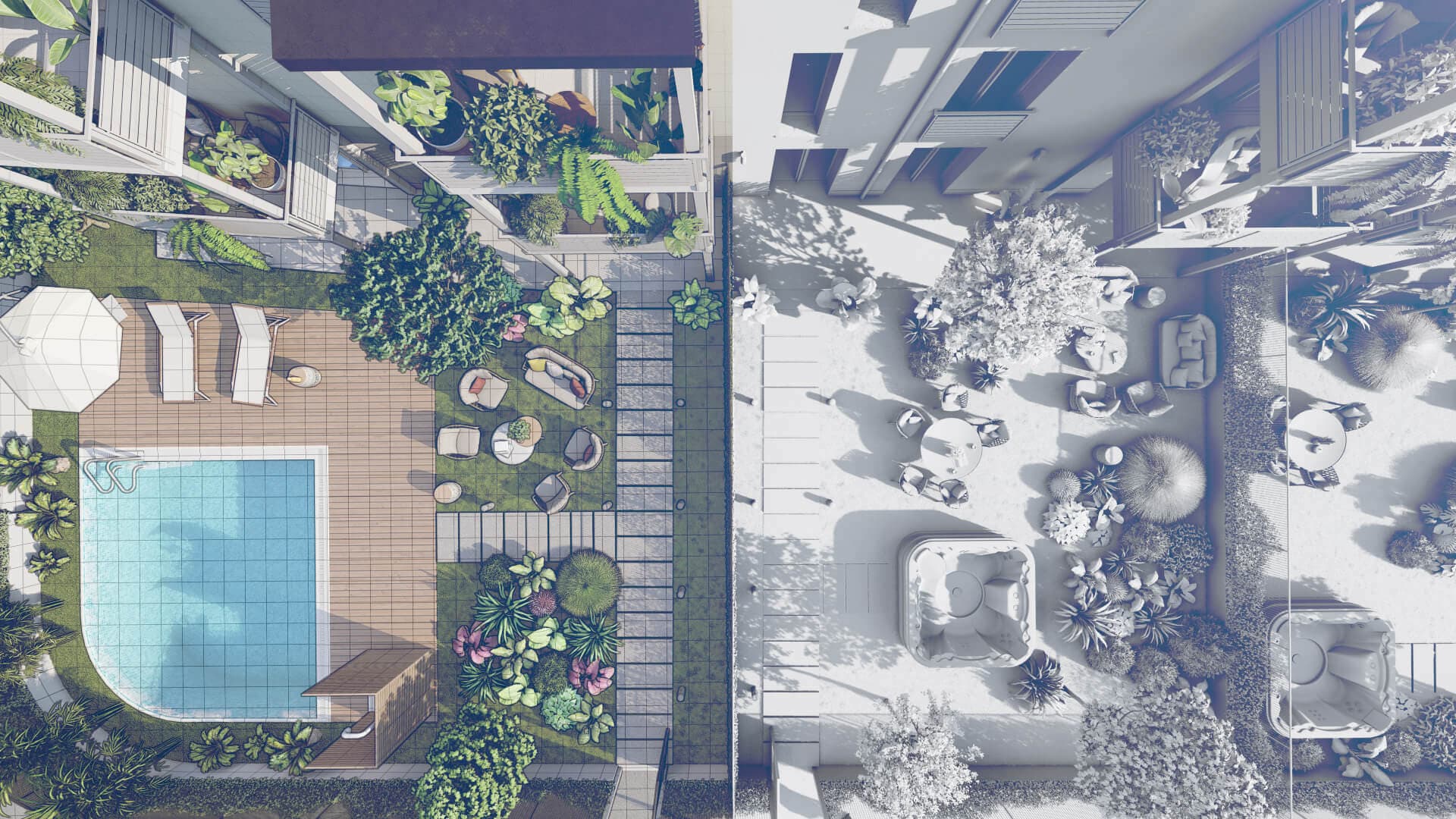 Planimetria 3D esterna: giardino con piscina in split render clay — ADDING Studios
