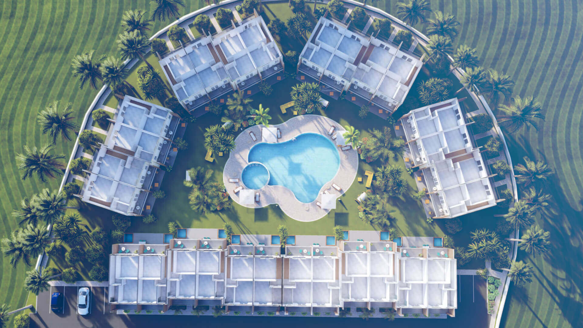 Masterplan 3D di un complesso residenziale su misura con piscina centrale — progetto custom ADDING Studios