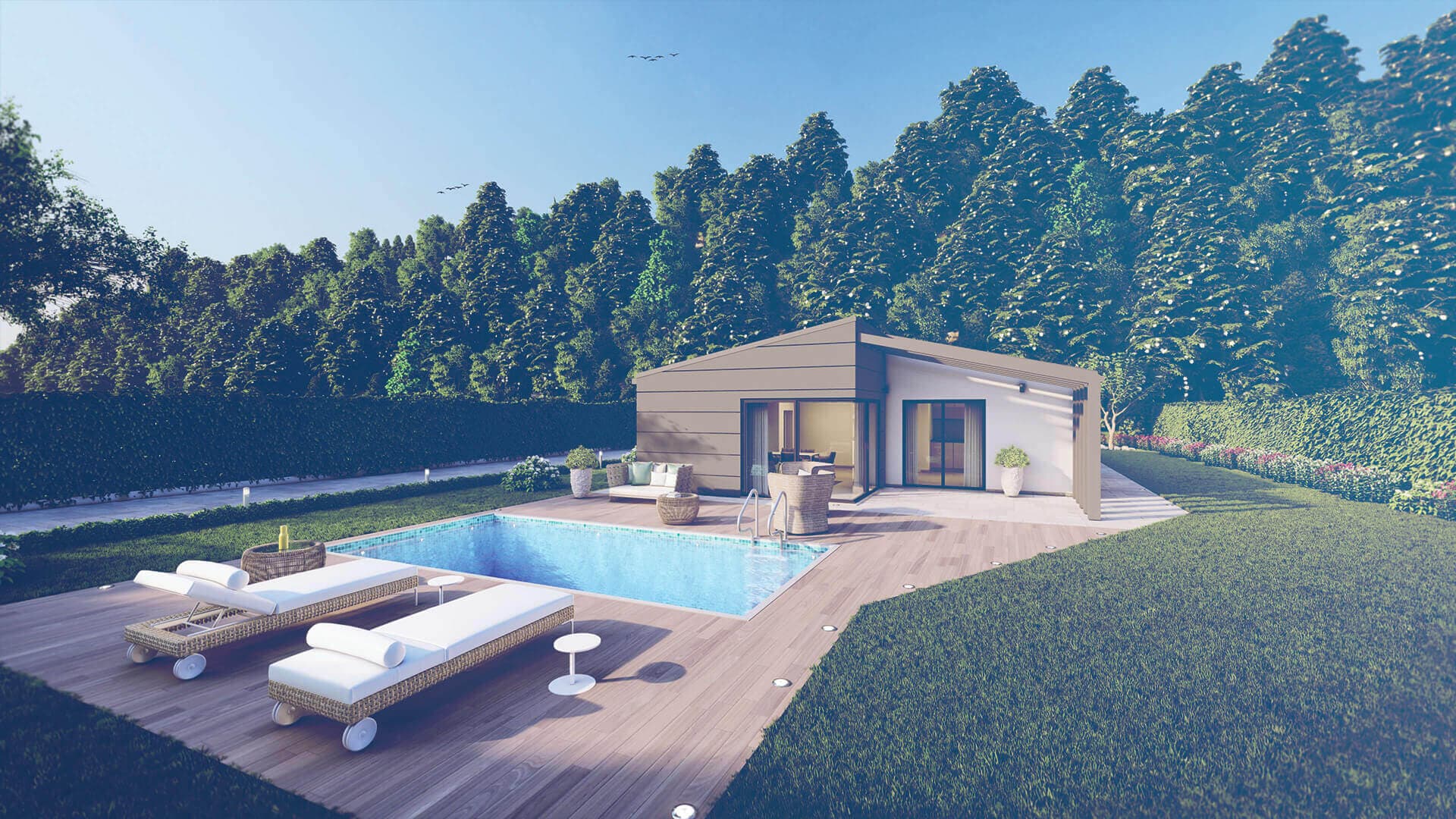 Rendering 3D exterior: veranda con pergola in legno e area lounge — ADDING Studios