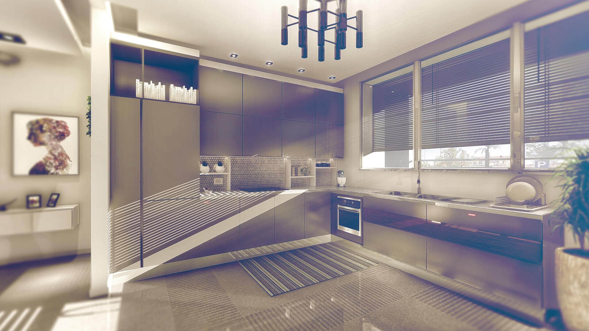 Rendering 3D interior: cucina industrial moderna con toni scuri — ADDING Studios