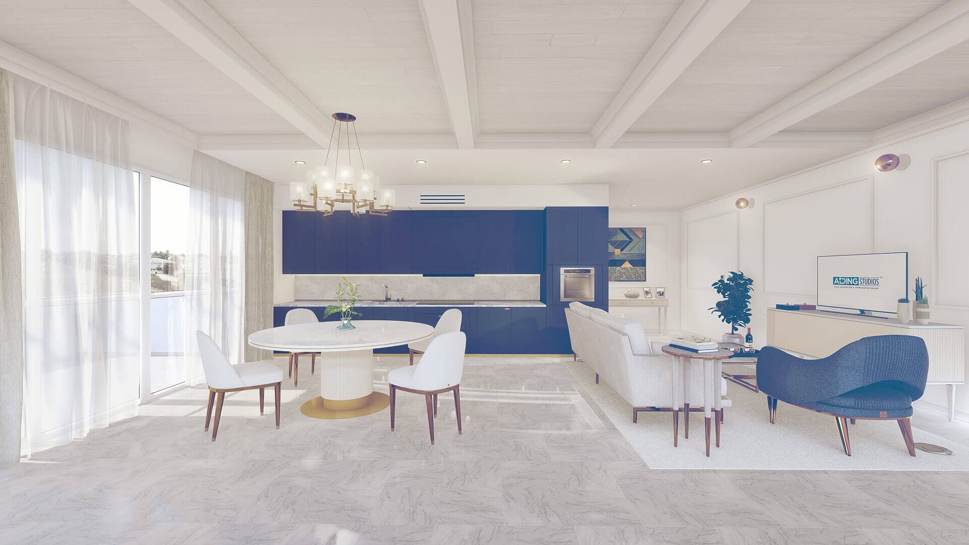 Rendering 3D interior: soggiorno classico con cucina blu e lampadario di design — ADDING Studios