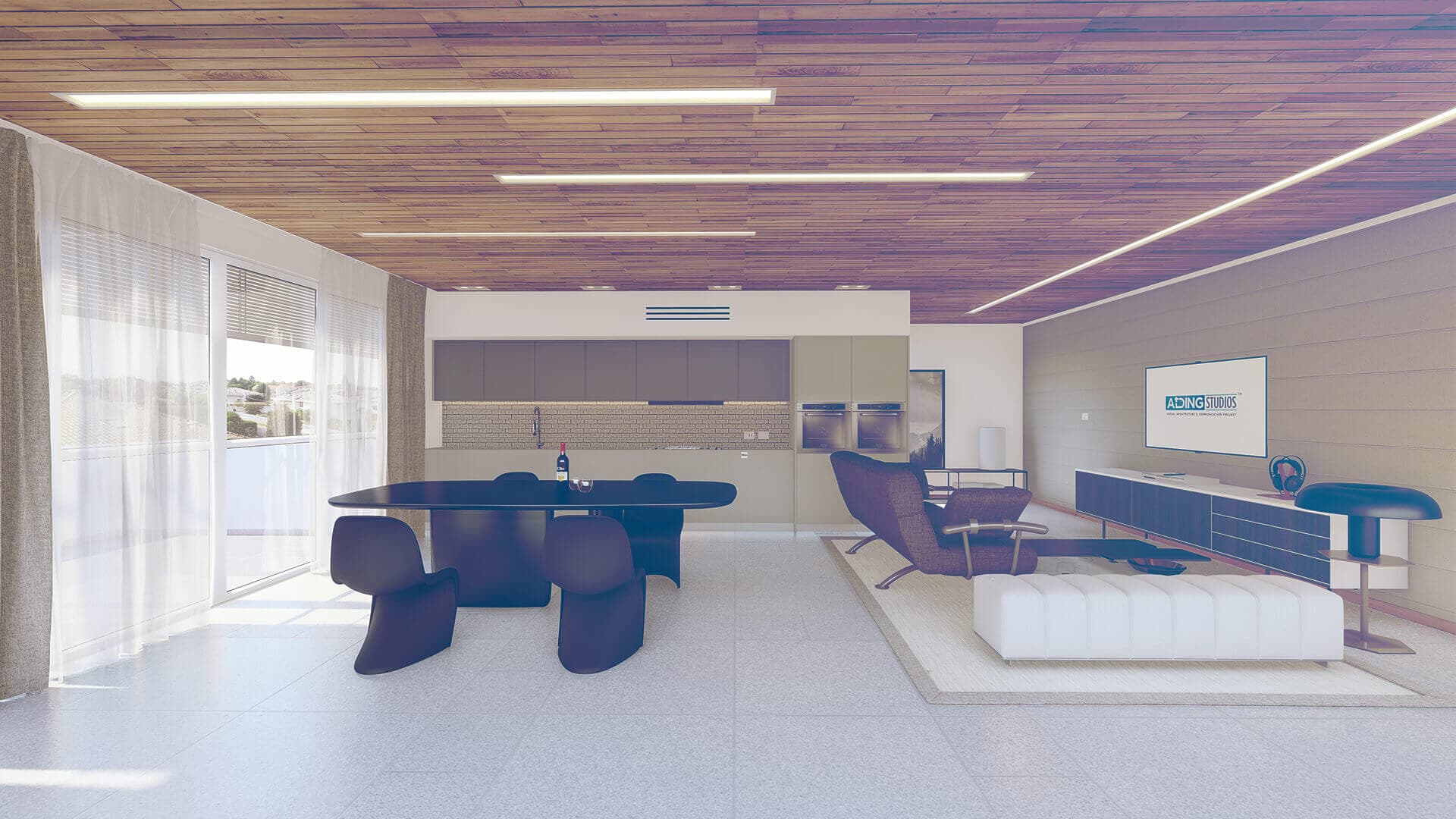 Rendering 3D interior: soggiorno moderno con soffitto in legno e cucina lineare — ADDING Studios